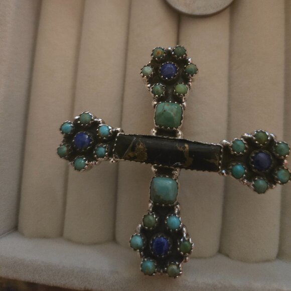 Large cross ring- adjustable with Lapis and turquoise - Picture 2 of 4